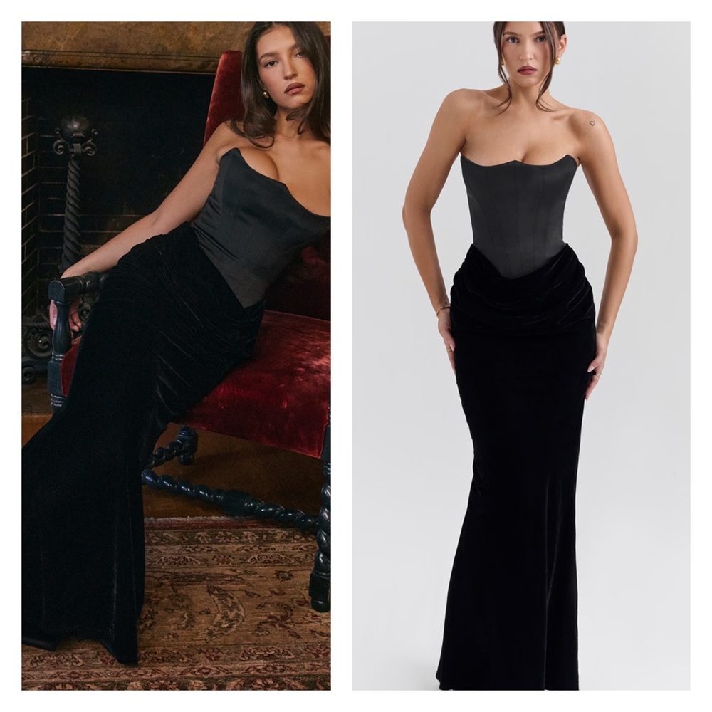 House of CB PERSEPHONE BLACK VELVET STRAPLESS CORSET MAXI DRESS